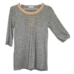 Orange Creek Tunic Top Womens Size Medium Gray 3/4 Sleeve Round Neck Pleat Front